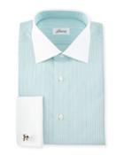 Contrast-collar Striped French-cuff Dress Shirt, Green/white