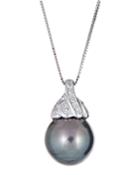 14k White Gold Diamond Pave Tahitian Pearl Necklace, Black