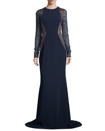 Lace-sleeve Crepe Gown,