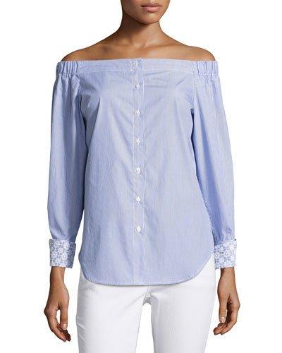 Off-the-shoulder Long-sleeve Pinstriped Top,
