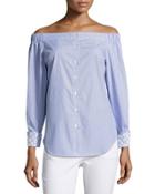 Off-the-shoulder Long-sleeve Pinstriped Top,