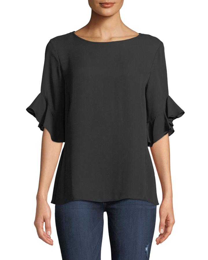 Ruffle-sleeve Jewel-neck Tee
