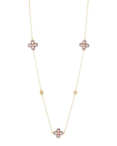 Long Pink Cz Crystal Clover Station Necklace