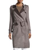 Faux-suede Belted Trench Coat, Taupe