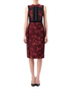 Lorenza Floral Jacquard Sheath Dress With Velvet Trim, Red