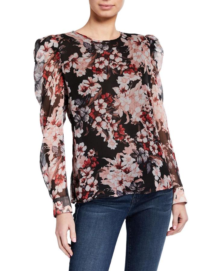 Floral Long-sleeve Puff-shoulder Top
