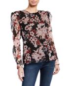 Floral Long-sleeve Puff-shoulder Top