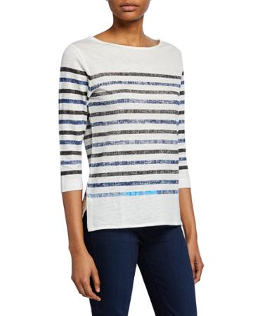 Two-tone Striped 3/4-sleeve Boat-neck Tee