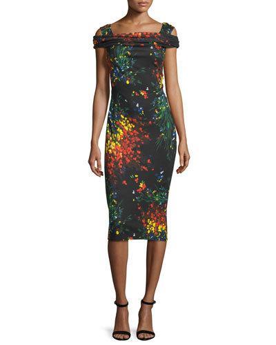 Printed Cold-shoulder Cap-sleeve Dress,