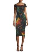 Printed Cold-shoulder Cap-sleeve Dress,