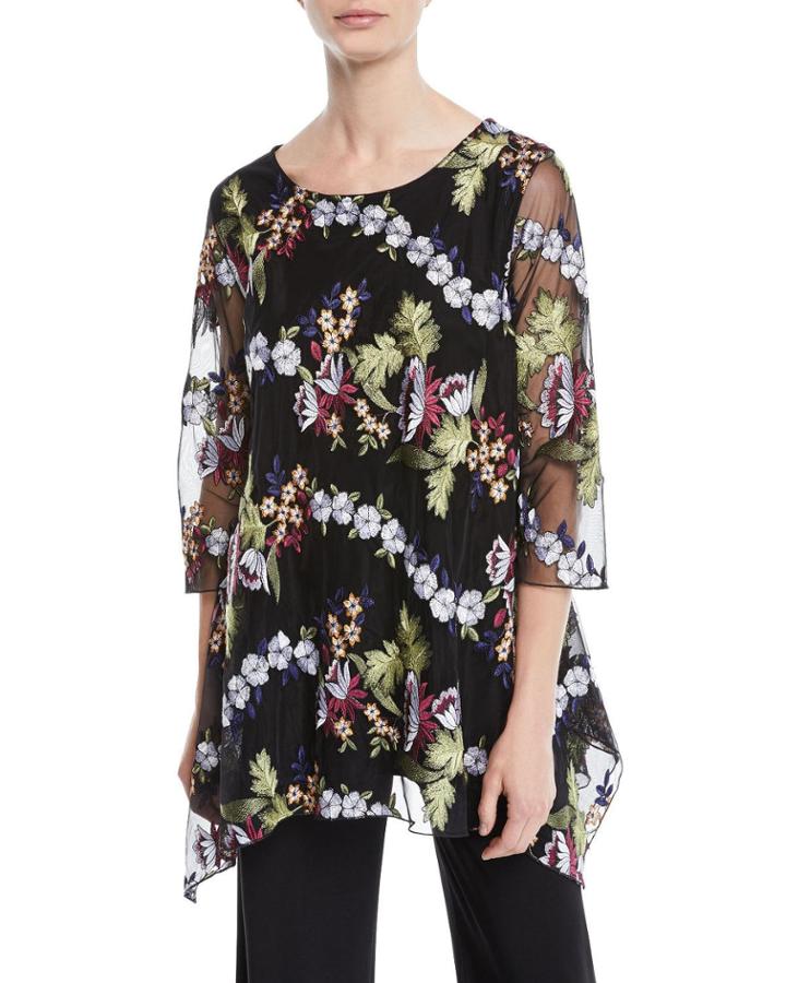 Petite 3/4-sleeve Floral-embroidered Mesh