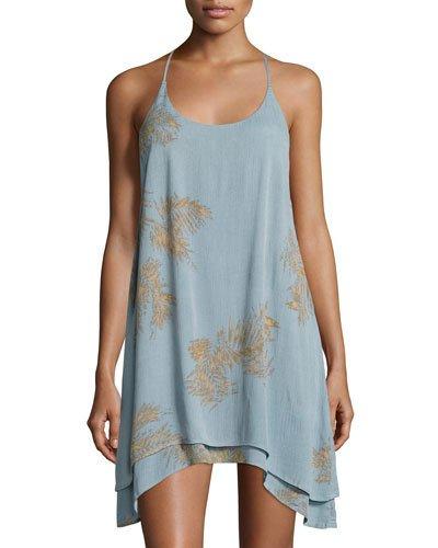 Luna Palm-print Sleeveless Dress, Blue