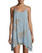 Luna Palm-print Sleeveless Dress, Blue