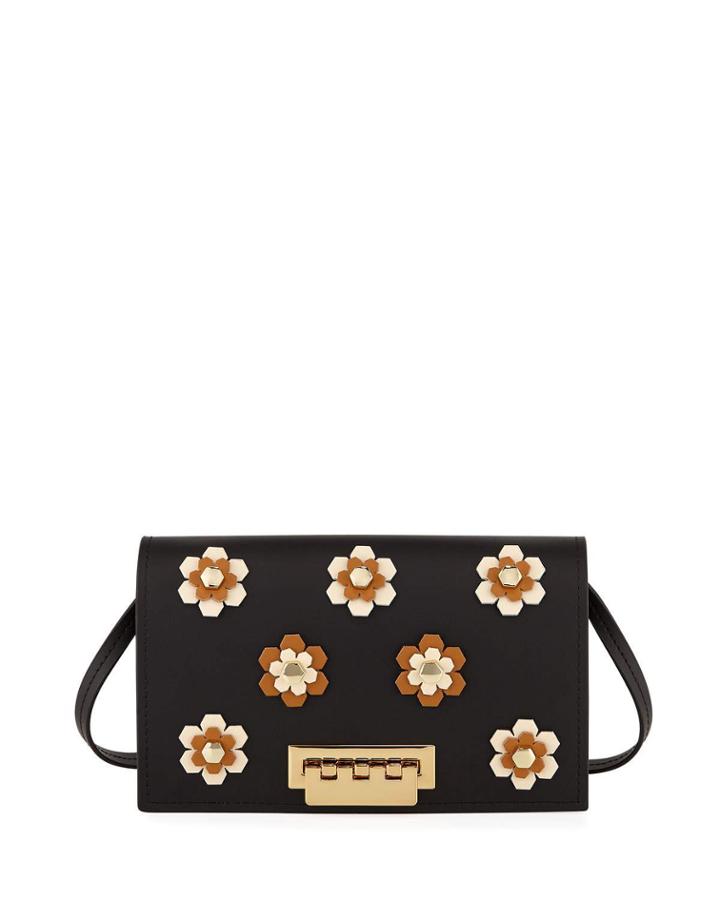 Earthette Floral Appliqu&eacute;s Leather Crossbody Bag, Black