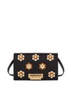 Earthette Floral Appliqu&eacute;s Leather Crossbody Bag, Black
