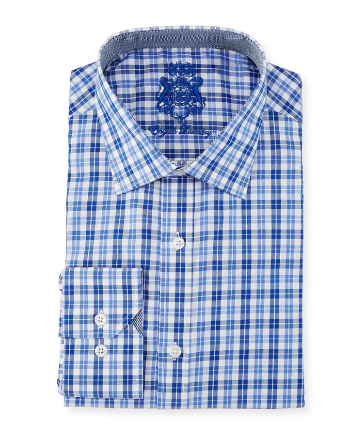 Classic-fit Plaid Dress Shirt, White/blue