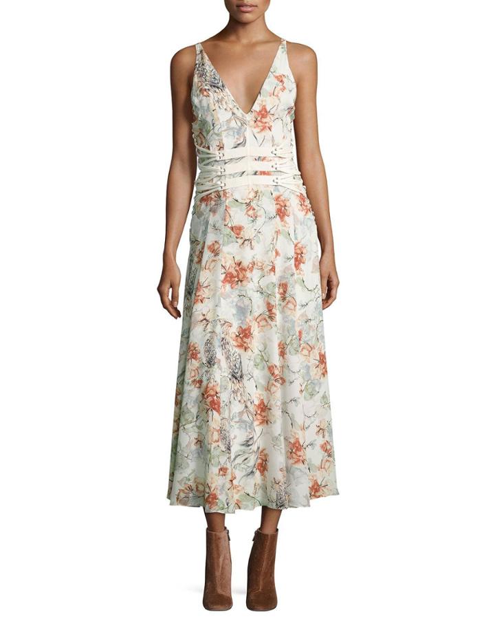 Heliopolis Sleeveless A-line Floral-print Dress W/ Corset