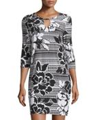 3/4-sleeve Floral-print Caftan Shift Dress, Black/white