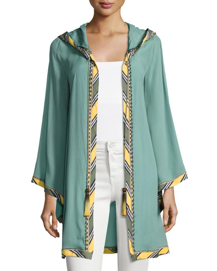 Striped-border Hoodie Short Robe, Green
