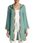 Striped-border Hoodie Short Robe, Green