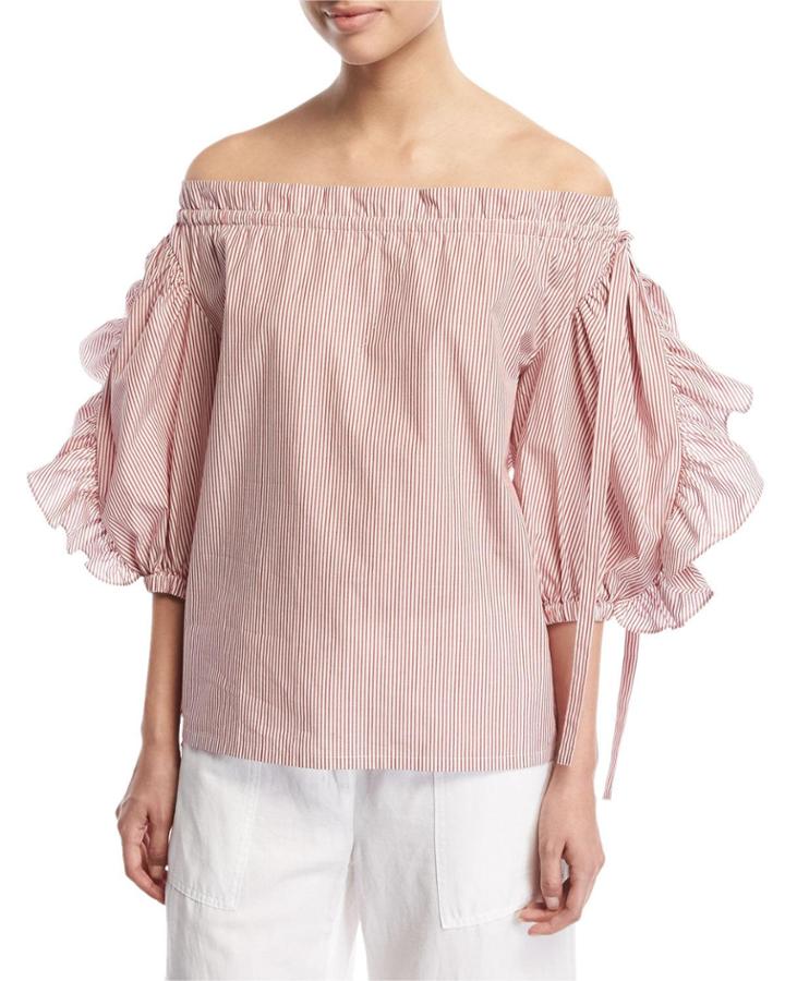 Striped Short-sleeve Ruffle Cotton Top