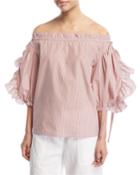 Striped Short-sleeve Ruffle Cotton Top
