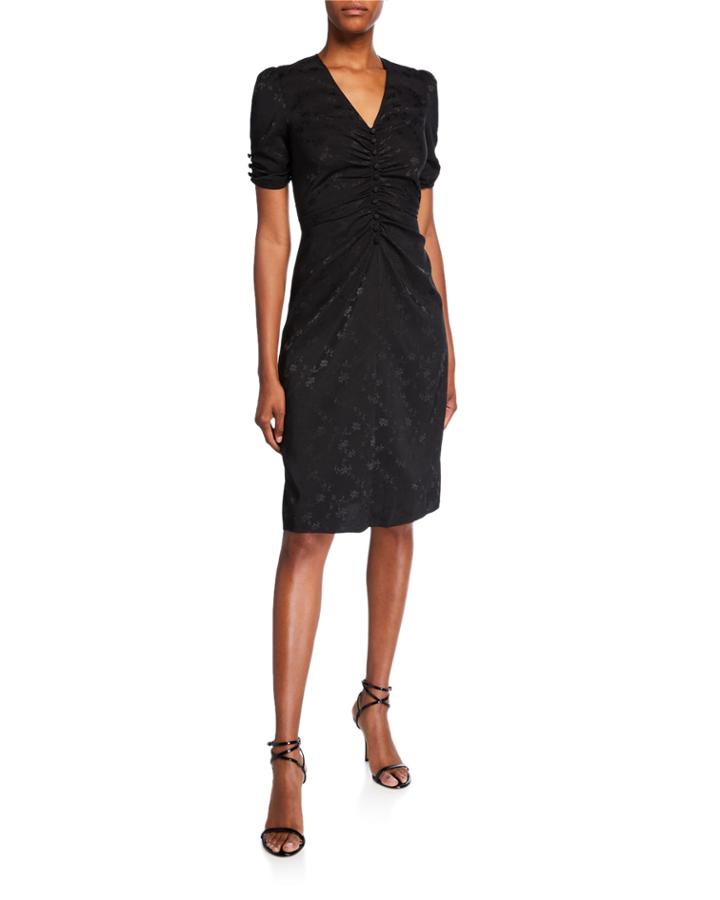 Ruched V-neck Short-sleeve Jacquard Dress