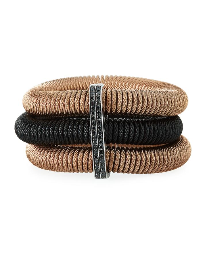 18k Triple-row Micro-cable Bracelet With Pave Black Diamonds