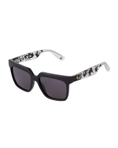Square Acetate Sunglasses W/ Bird-print Arms, Black/crystal