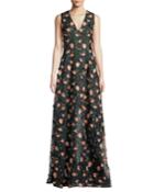 Sleeveless Floral-embroidered V-neck Gown