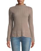 Rib And Pointelle Mock-neck Sweater W/ Velvet Fringe