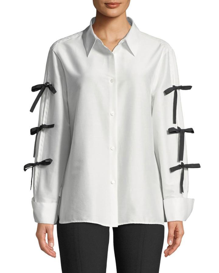 Bow-sleeve Button-front Cotton-silk