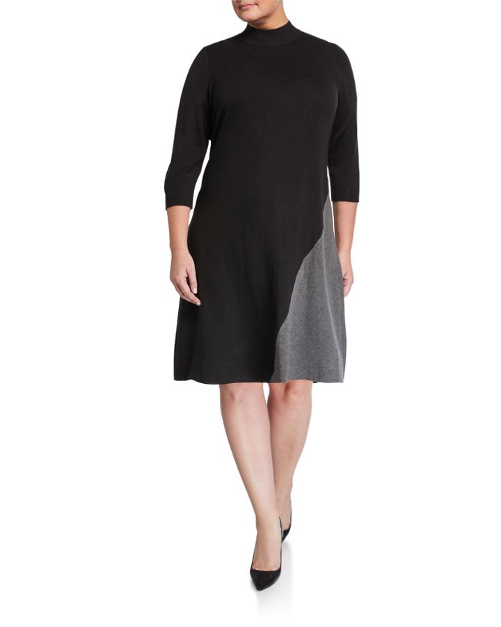 Plus Size Colorblock 3/4-sleeve Angled Bottom Dress