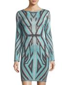 Long-sleeve Geo Jacquard Cocktail Dress