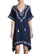 Hibiscus Embroidered Asymmetric Dress, Navy