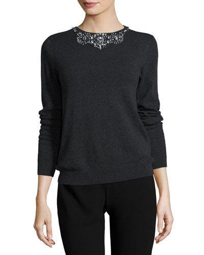 Crystal-embellished Cashmere Crewneck Sweater, Charcoal