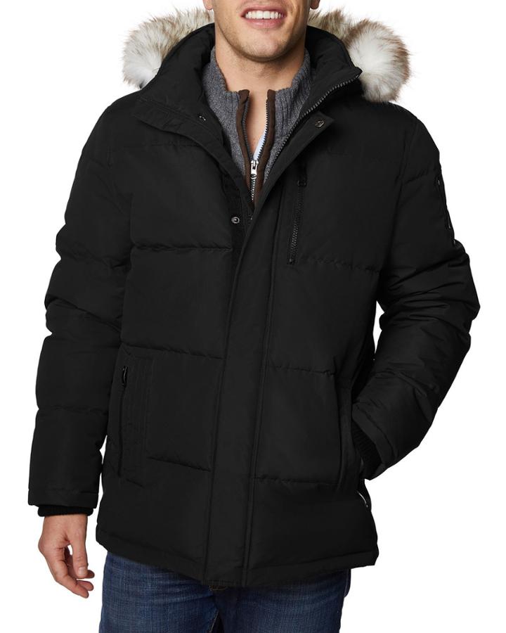 Men's Snap & Zip Quilted Parka W/ Hood, Black