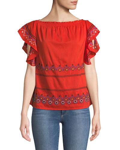 Embroidered Boat-neck Blouse