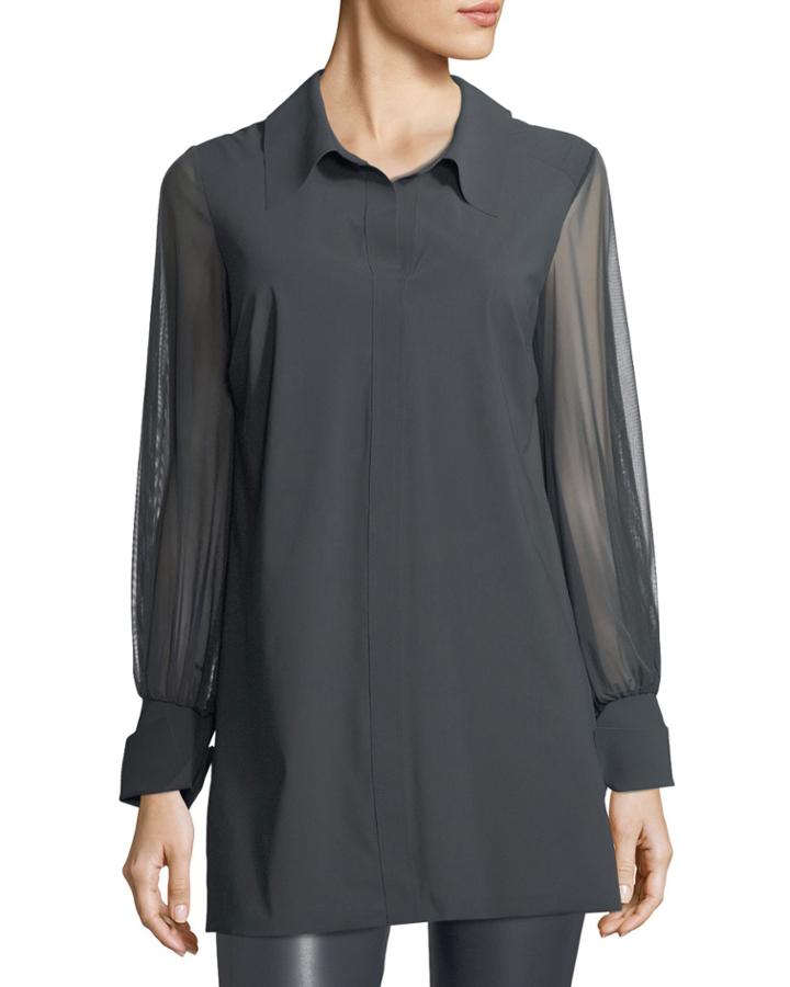 Cesarina Semisheer Long-sleeve Illusion Jersey Blouse