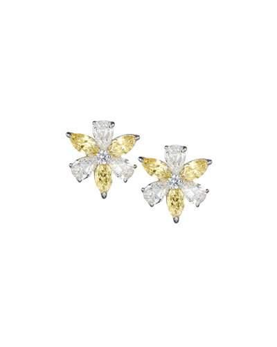 Cz Flower Cluster Earrings, Canary/clear