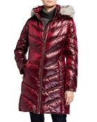 Chevron Shiny Puffer Coat With Faux-fur Trim