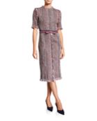 Short-sleeve Tweed Sheath Dress W/ Grommet Belt Trim