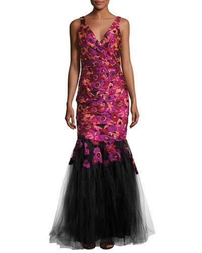 Floral-embroidered Mermaid Gown, Purple/black