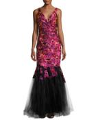 Floral-embroidered Mermaid Gown, Purple/black