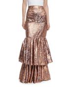 D'artagnan Tiered Jacquard Maxi Skirt, Rose Gold/blue