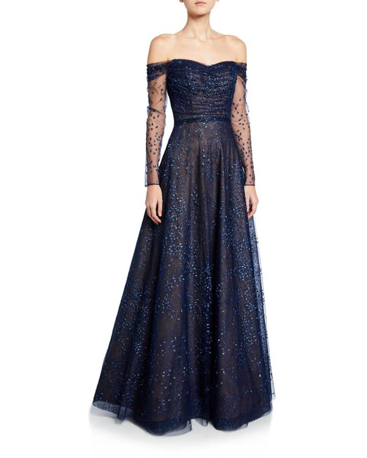 Ombre Embellished Off-the-shoulder Long-sleeve