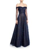 Ombre Embellished Off-the-shoulder Long-sleeve