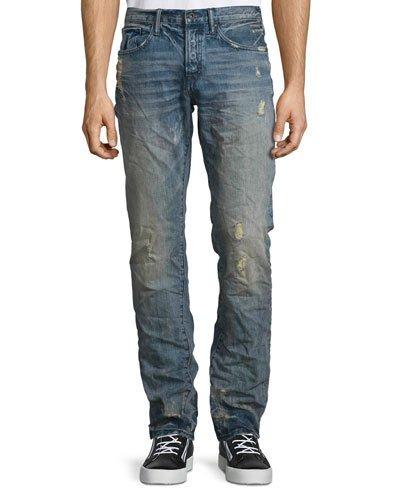 Distressed Straight-leg Sanded Denim Jeans, Blue