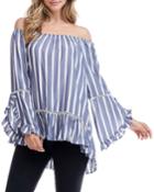 Striped Off-the-shoulder High-low Ruffle Top