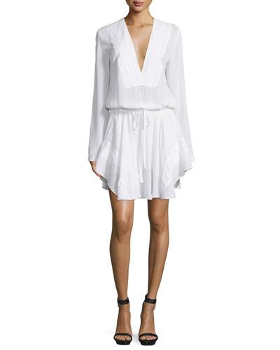 Danielle Long-sleeve Silk Drawstring Dress, White